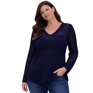 Laura Scott Women's Knit Sweater Top Size L Navy Blue Long Sleeve Sheer